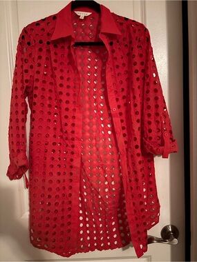 Adiva Red Eyelet Swim Coverup Shirt